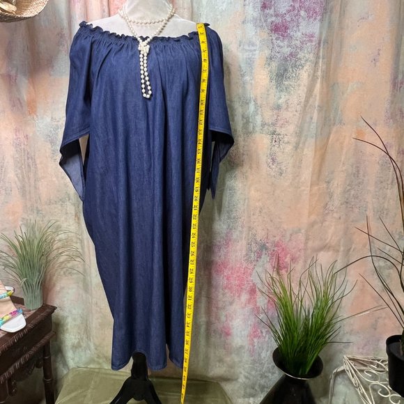 📌Terra & Sky Denim Dress with Smocked Neckline Wear On or Off Shoulders - Picture 6 of 13